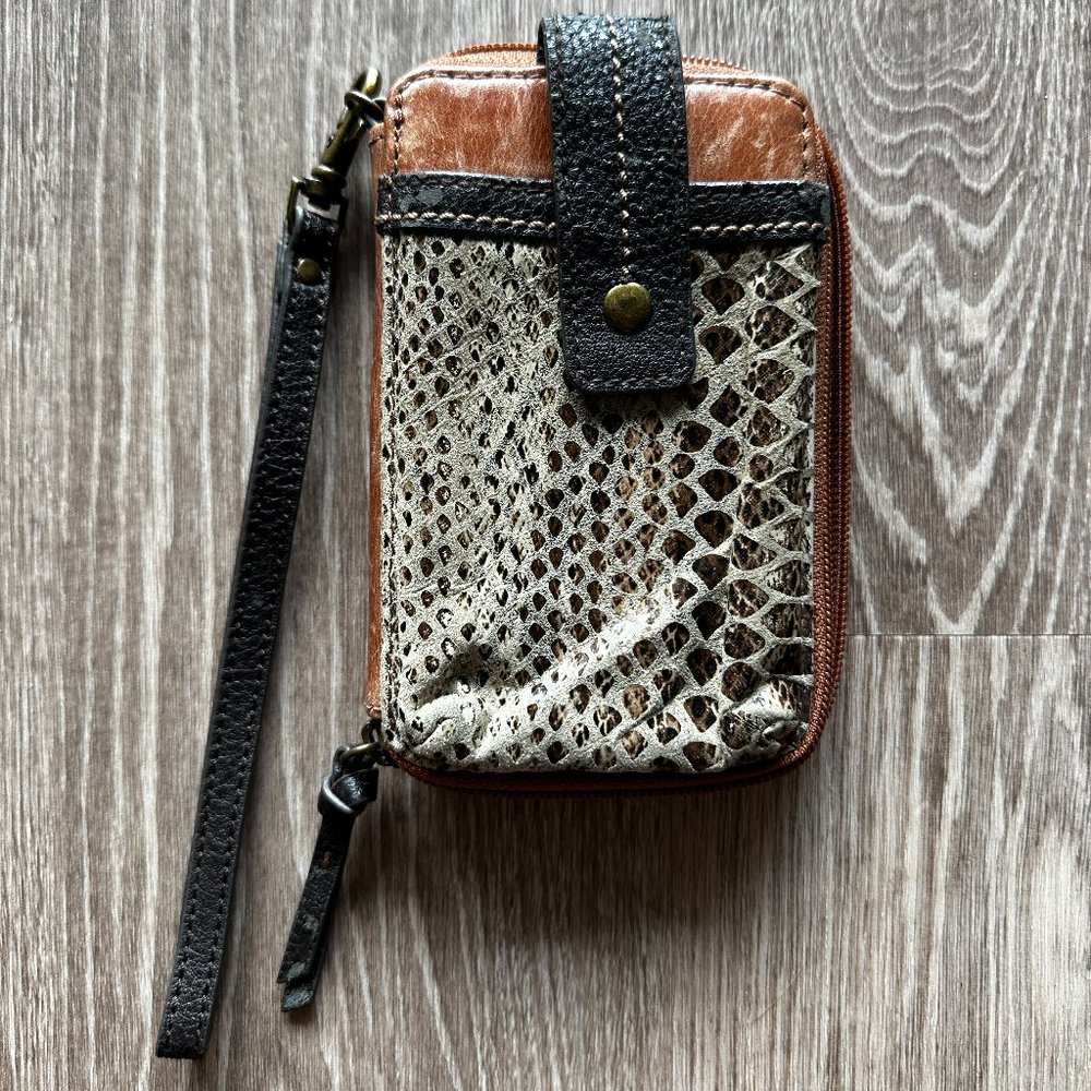 The SAK Brown Leather & Snake Skin Zip-Around Wristlet Wallet